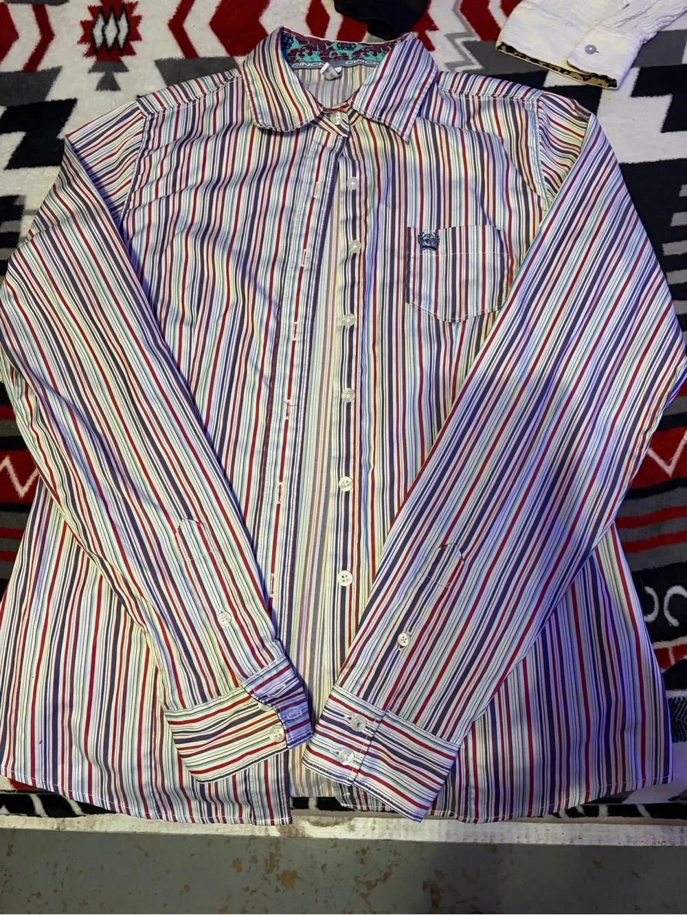 Cinch Multicolor Striped Button-Down Shirt - White, Red, Blue, Black - Picture 2 of 3